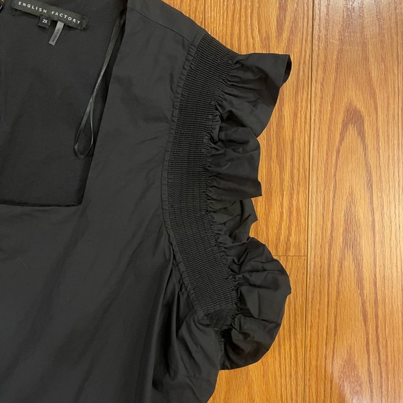 English Factory‎ Black Ruffle Mini Dress 2X 100% Cotton Smocking Square Neck - Picture 3 of 11